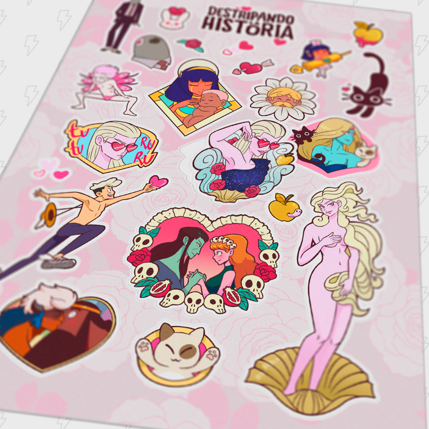 Hoja de pegatinas de amor y corazones de Destripando la Historia, con diosas griegas, nórdicas o egipcias como Afrodita, Freyja, Isis, Perséfone