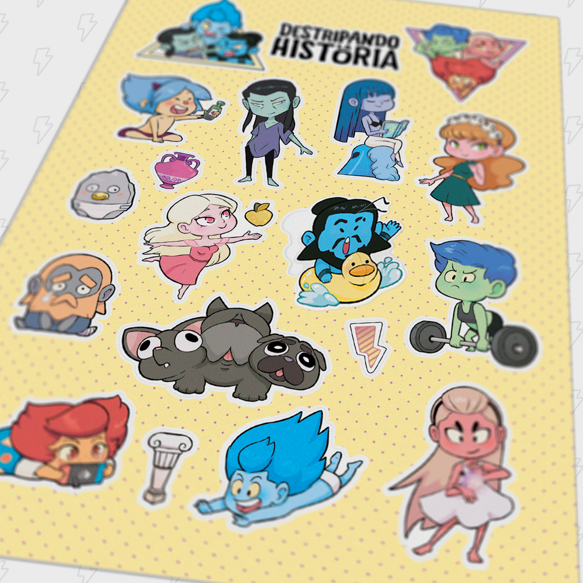 Detalle de hoja de pegatinas de los dioses griegos en versión chibi de Destripando la Historia